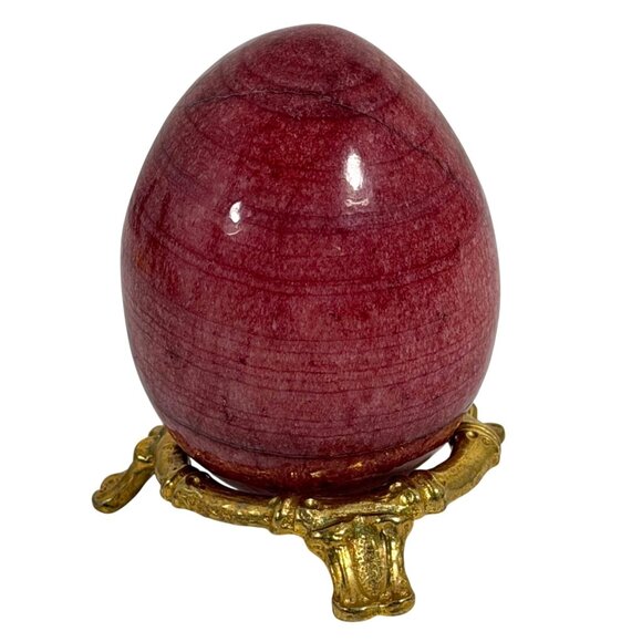 VTG Italian Polished Alabaster Marble Stone Egg Pink Red Italy + Stand Easter - Picture 4 of 7